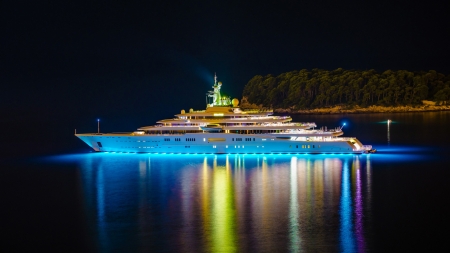 fantastic yacht at night - yacht, trees, harbor, night, huge, lights