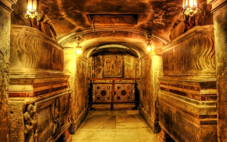 crypt buried deep under an old church hdr - lights, hdr, church, stones, underground, crupt