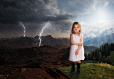 It will rain - dress, girl, john wilhelm, blonde, child, white, autumn, rain, cloud, little, lightning, sky