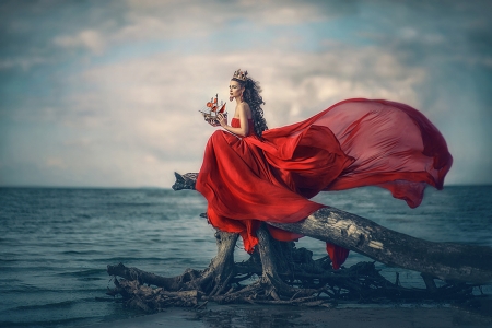 Waiting for a prince - waiting, romantic, red, dress, cute, prines, ocean