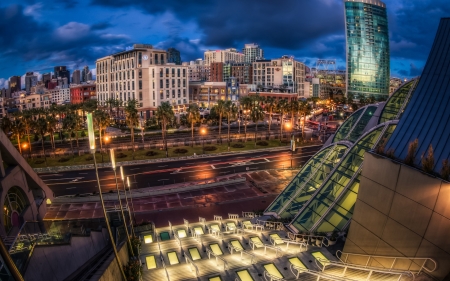 looking out of the convention center in san diego hdr - street, stairs, evening, hdr, convention center, city