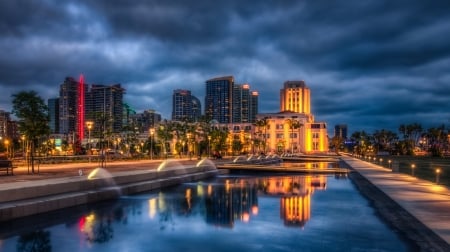 beautiful park in san diego hdr - fountains, pool, evening, hdr, city, park