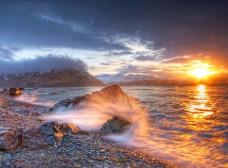 Sea Sunset - reflection, clouds, beach, sunset, sea, nature