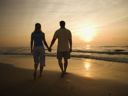 Couple at Beach Sunset - sand, reflection, model, beach, sunset, couple