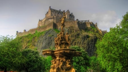 edinburgh castle above a beautiful fountain hdr - hill, fountain, trees, castle, hdr, cliffs