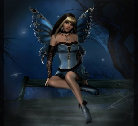 FAIRY - female, blue, night, fireflies, wings, fairy, black