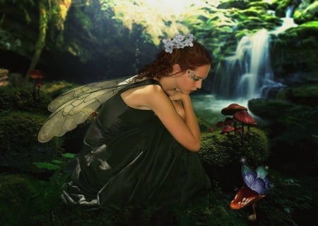 LONELINESS - wings, mushrooms, butterfly, waterfall, lonely, fairy, female