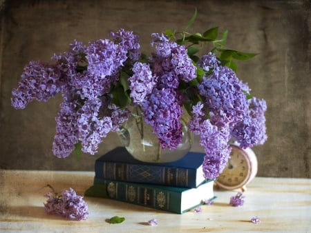 Still Life - flowers, lilac, books, still life