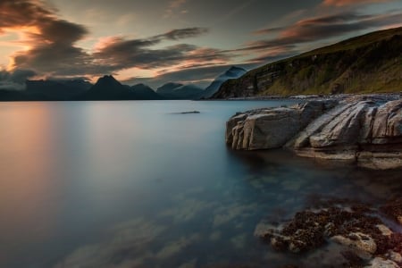 Dusk Sunset - lake, dusk, rocks, clouds, sunset, nature