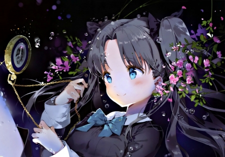 Tohsaka Rin - blue, girl, tohsaka rin, clock, flower, pink, dark, watch, manga, bow, fate stay night, anmi