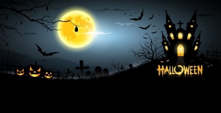 Happy Halloween! - black, yellow, night, pumpkin, luna, fantasy, bat, moon, house, luminos