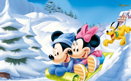 Happy Holidays! - sleigh, minnie, winter, blue, mickey, dog, mouse, pink, orange, holiday, cute, pluto, bow, couple, disney