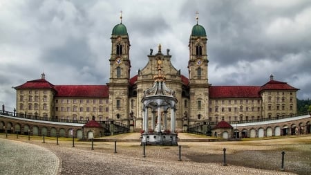 magnificent einsiedeln abbey in switzerland hdr - clocks, towers, hdr, cobblestones, abbey