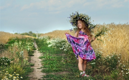 Cute Little Girl - flowers, girl, field, wreath