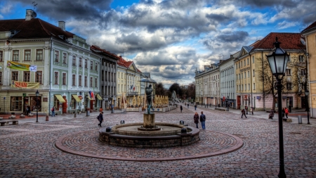 town square in estonia hdr - cobblestones, square, fountain, statue, town, hdr