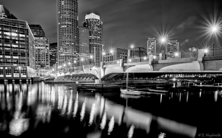 evelyn moakley bridge boston massachusetts - lights, bridhe, harbor, city, night, BW