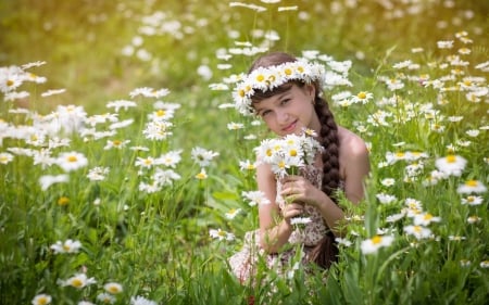 Cute Little Girl - flowers, girl, field, wreath