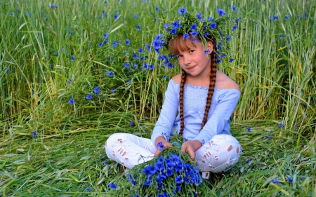 Cute Little Girl - field, flowers, girl, forget me