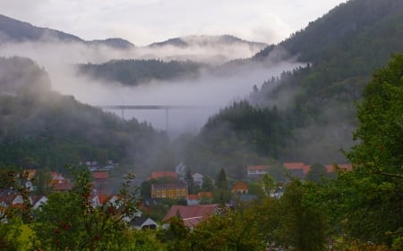 town of feda norway in a foggy valley - valley, town, fog, mountains, bridge