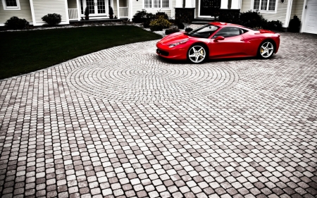 ferrari458 italia in a cobblestone driveway - cobblestones, car, red, driveway, house