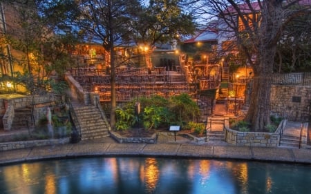 fig tree restaurant on the river walk in san antonio hdr - restaurant, lights, evening, river, trees, hdr