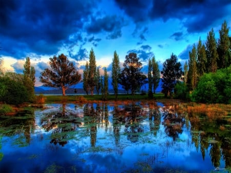 beautiful lake in fiordland new zealand hdr - trees, pond, hdr, mountains, sky, leaves