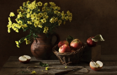 Still Life - flowers, apple, yellow, still life