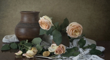 Still Life - table, flowers, pot, roses