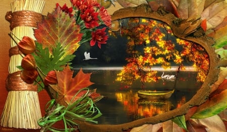 *The beauty of autumn* - season, beauty, swans, autumn, lake, serenity, calm, fall, leaves, frame