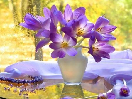 Autumn crocus - flower bouquet, autumn crocus, autumn, purple, stems, tulips, flowers, decoration