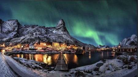 Northern Lights on Lofotes Islands, Norway - aurora borealis, lights, winter, water, reflection, village