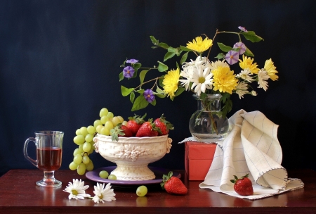 Still Life - glass, strawberries, ries, bowl, grapes, flowers, bouquet, daisies