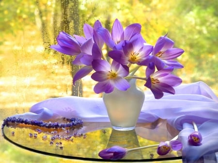 Flowers - vase, blossoms, blue, petals, bouquet