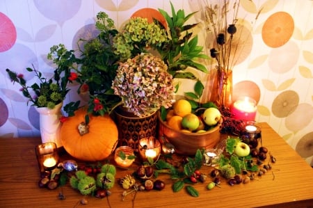 Autumn Still Life - pumpkins, chestnuts, candles, flowers, apples