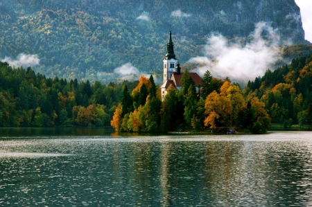 Lake Bled at Fall - water, clouds, island, leaves, trees, church, slovenia, colors