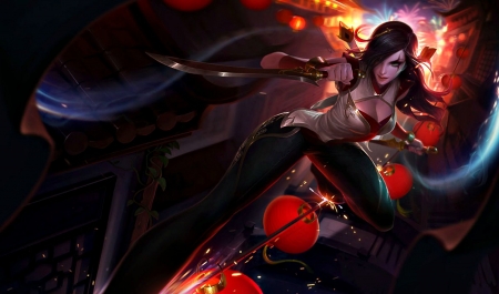 Katarina - black, women, game, dark, girl, lantern, fantasy, magic, katarina, league of legends, luminos, woman