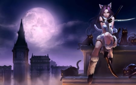 Katarina - moon, woman, cat, girl, black, fantasy, roof, full, purple, dark, game, luminos, league of legends, luna, katarina