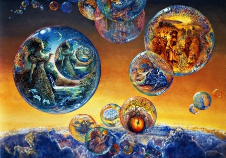 Bubbles of time - girl, bubbles of time, blue, art, fantasy, pictura, orange, painting, josephine wall