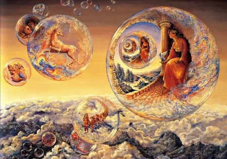 Bubbles of freedom - girl, unicorn, art, fantasy, pictura, bubbles of freedom, orange, painting, josephine wall