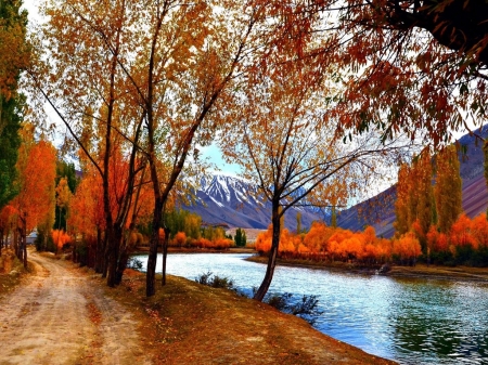 Autumn road - mountains, autumn, road, river