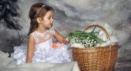 Cute Little Girl - flowers, basket, girl, snow