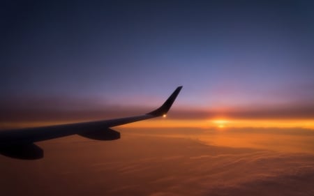 sunset beyond the wing tip hdr - wing, clouds, plane, sunset, hdr