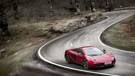 mclaren mp4 12c in motion hdr - car, forest, motion, red, hdr, road