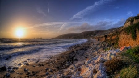 magnificent beach landscape at sunset hdr - rocks, beach, sunset, sea, waves, hdr