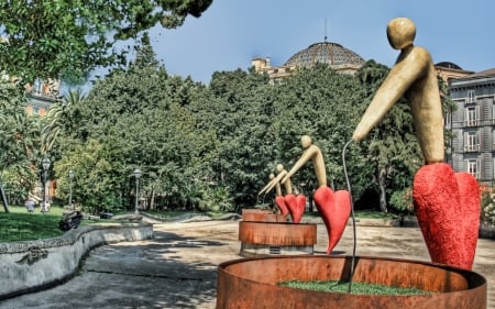 the four red hearts of naples hdr - city, sculpture, trees, park, hdr