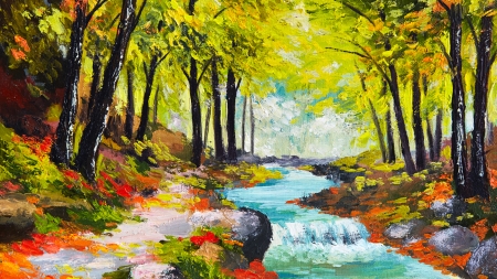 Autumn Watercolor - autumn, stream, colorful, creek, painting, fall, art, river, leaves