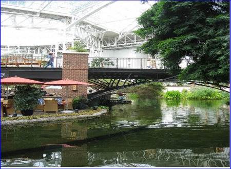 mall? - mall, building, water, river, bridge, tree, nature