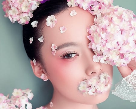 Artistic Woman - flowers, face, pink, woman