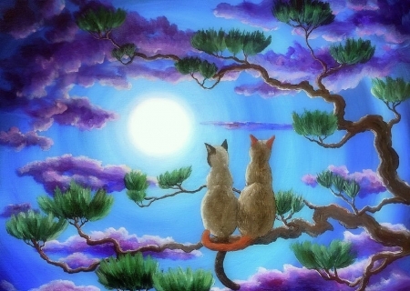 Pair in the Treetops - pine trees, paintings, colors, moons, cute, cats, love four seasons, draw and paint, animals