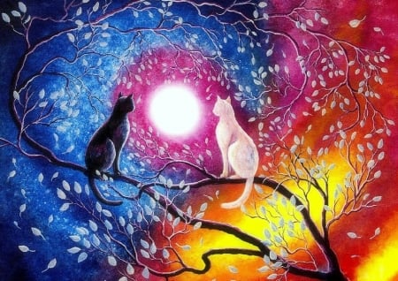 Autumn Nightly - paintings, pair, fall, colorful, moons, autumn, cute, cats, love four seasons, draw and paint, animals